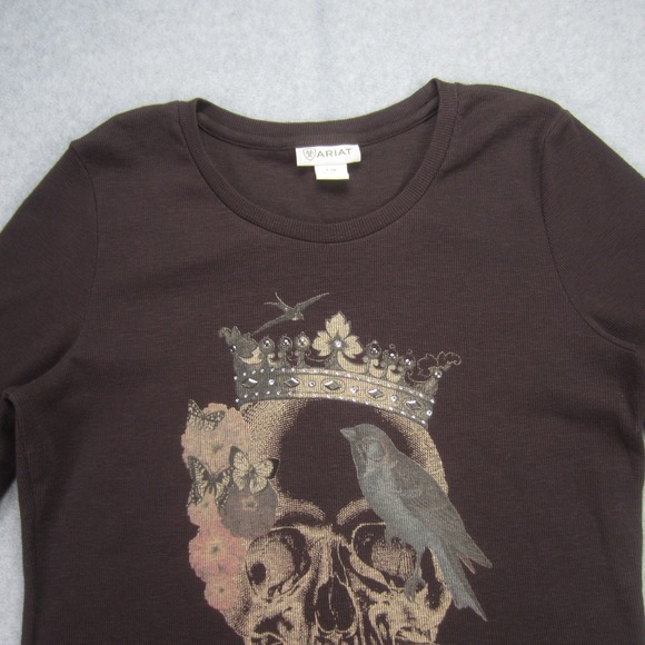 Ariat Shirt Womens Large Brown Skull Crown Graphic Long Sleeve Ribbed Western - Picture 2 of 13